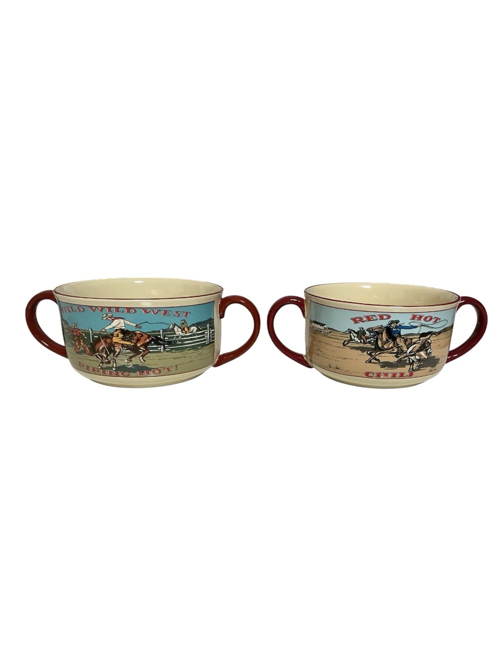 Vintage Russ Berrie Wild Wild West Red Hot Chili Soup Mugs Bowls #12791 Set of 2